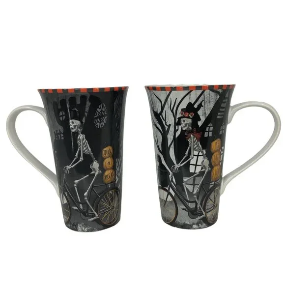 222 Fifth | Holiday | 222 Fifth Bicycle Skeleton His Hers Porcelain  Halloween Latte Coffee Mugs Set | Poshmark